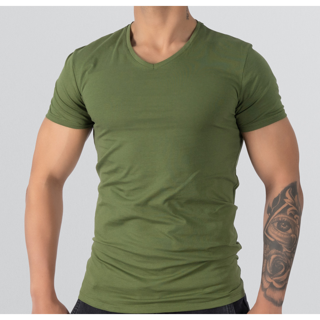 T-Shirt Body V Neck Short Sleeve - Dark Green