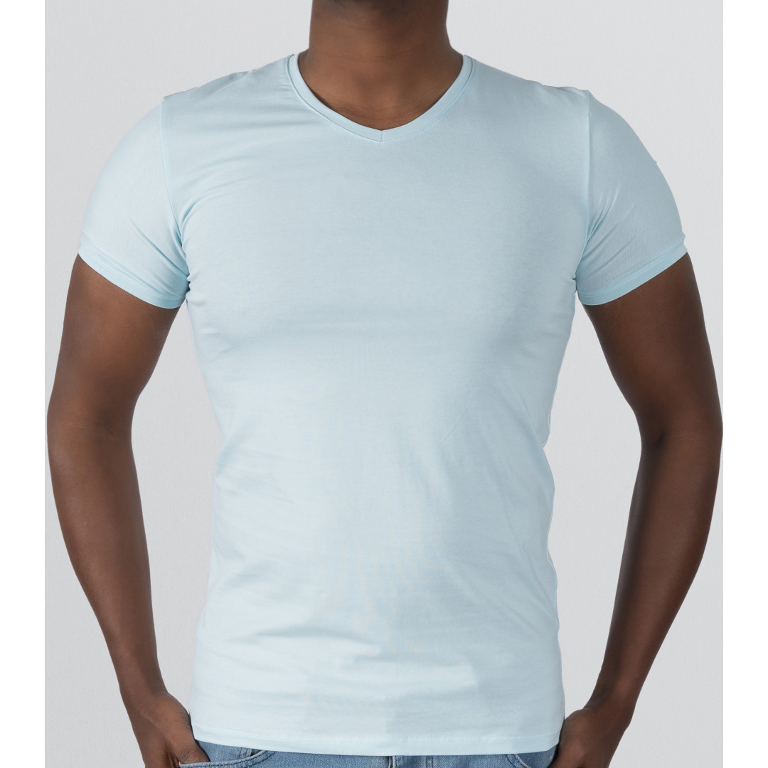 T-Shirt Body V Neck Short Sleeve - Cyan Blue