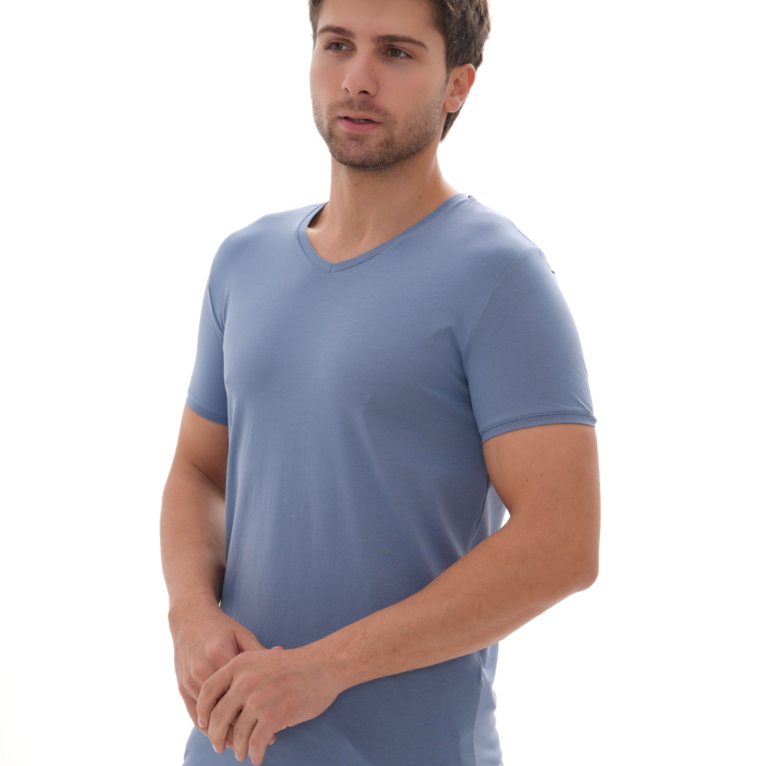 T-Shirt Body V Neck Short Sleeve - Light Blue