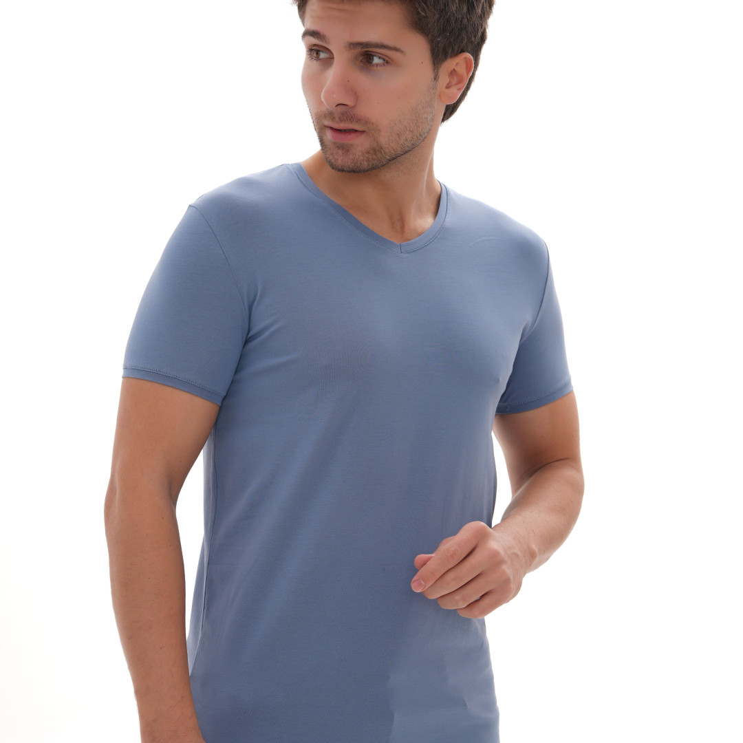 T-Shirt Body V Neck Short Sleeve - Light Blue