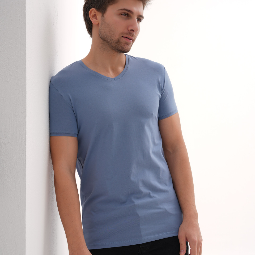 T-Shirt Body V Neck Short Sleeve - Light Blue