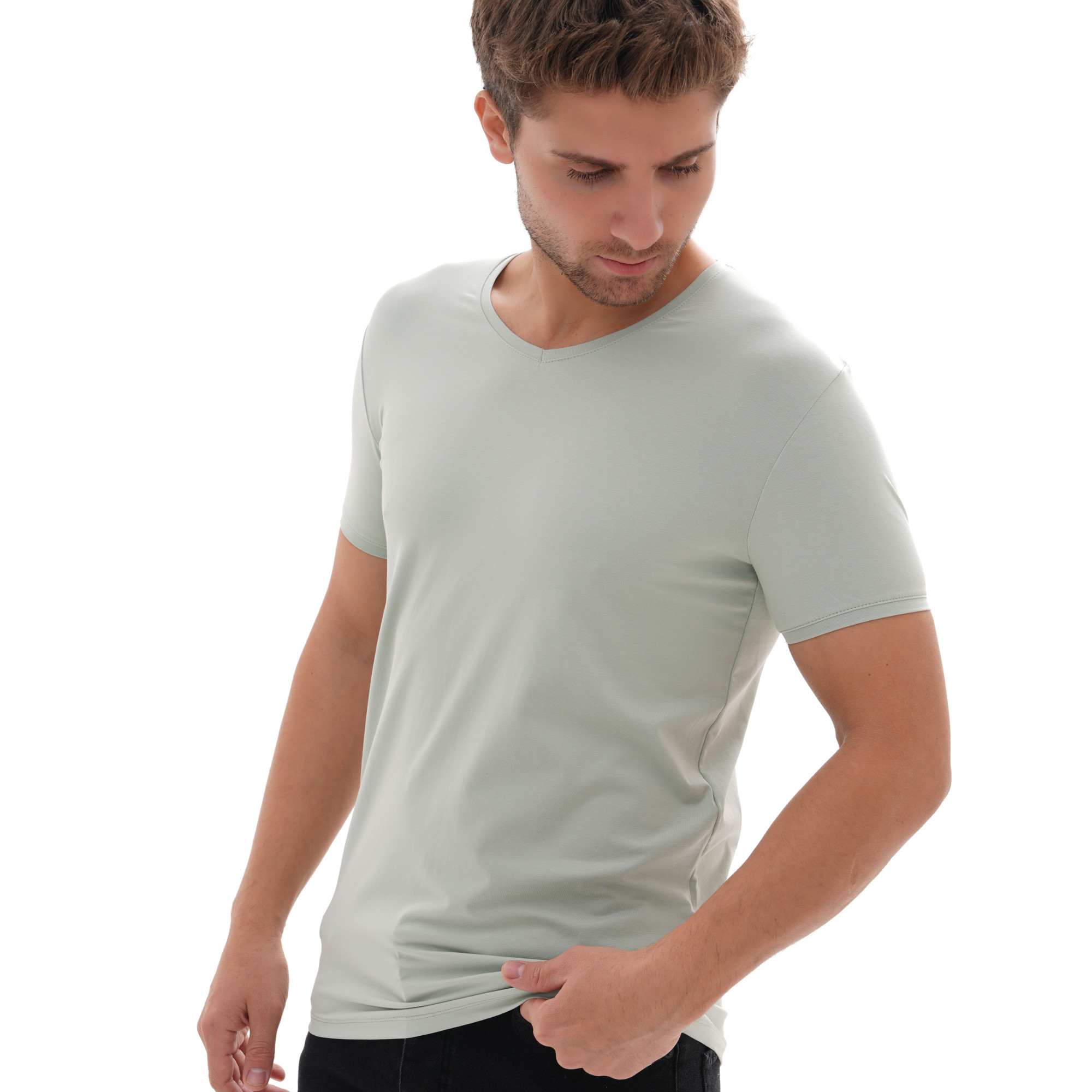 تيشيرت بدي رقبة V كم قصير - فستقي